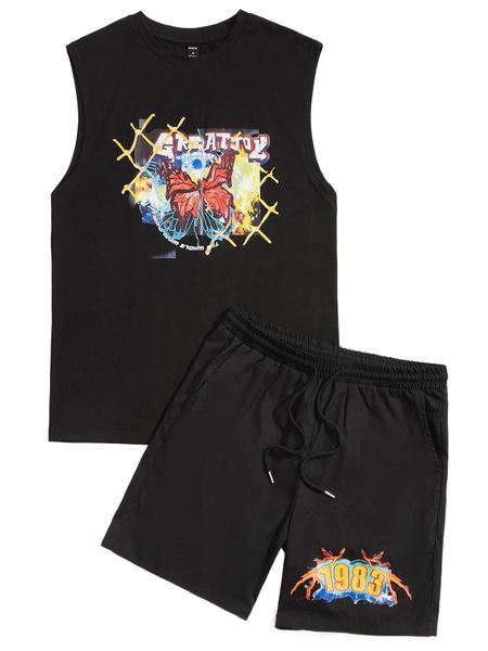 

men butterfly & letter graphic tank and drawstring waist shorts y3ro#, Gray