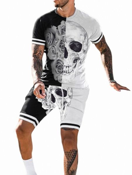 

men floral & skull print two tone tee & drawstring waist shorts h0ss#, Gray
