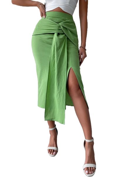 

solid split thigh tie front skirt e9vz#, Black
