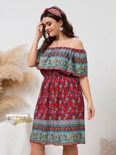 

plus floral print off shoulder ruffle trim dress l4ei#, Black