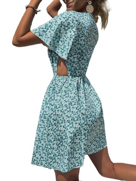 

d.itsy f.loral c.ut o.ut flutter s.leeve d.ress 132g#, Black;gray