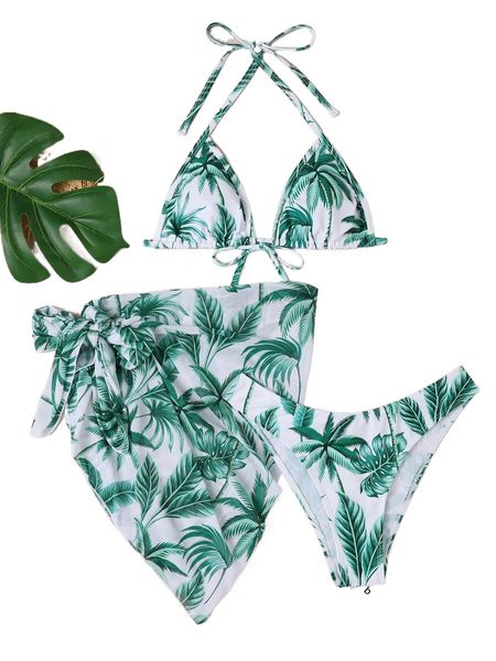 

plant print tie back halter bikini swimsuit with beach skirt u1a0#, White;black