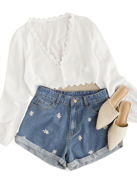 

daisy floral embroidery denim shorts t5vw#, White;black