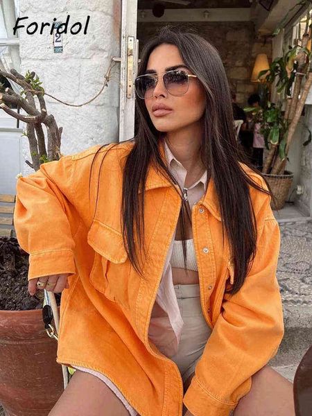 

button up orange denim jacket women fashion spring coat turn down collar straight jaqueta feminina casacos l220714, Black;brown