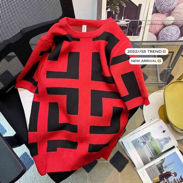 

2022 summer striped sleeve spring new korean slim men's fashion round neck knitted short t-shirt color o-neck clothes tees casual, White;black