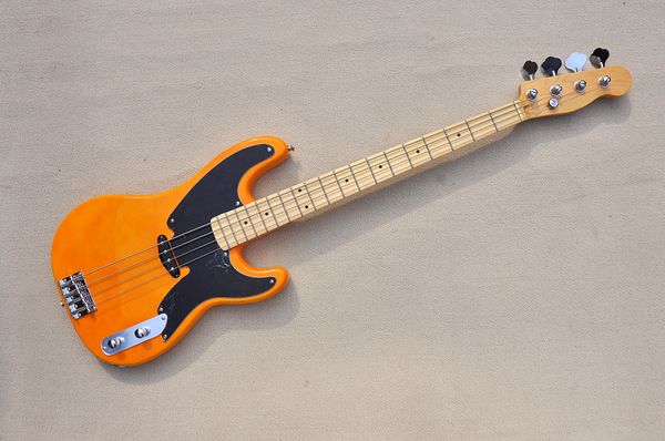 

factory custom yellow 4 strings electric bass guitar with black pickguard chrome hardwares maple neck offer customized