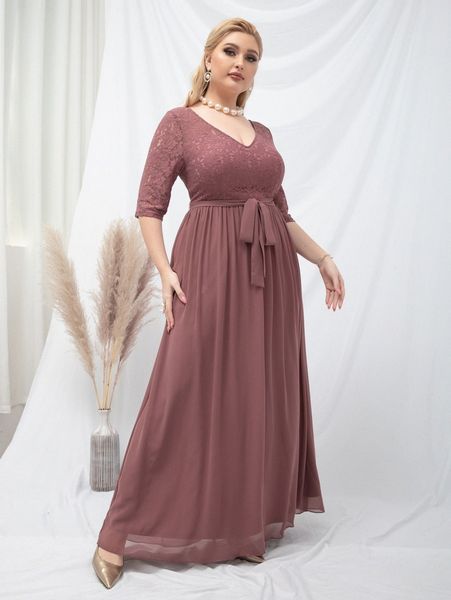 

plus contrast lace belted chiffon prom dress 54u3#, Black