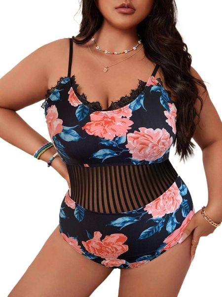 

plus floral print lace detail one piece swimsuit l0jp#, White;black