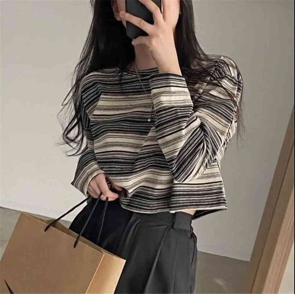 

striped short navel exposed long sleeve t-shirt spring and summer korean loose round neck pullover with 2022 women's wear inside, White