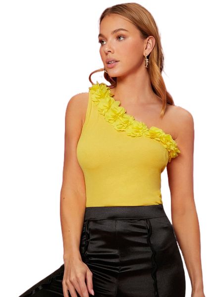 

one shoulder appliques rib-knit y3cw#, White