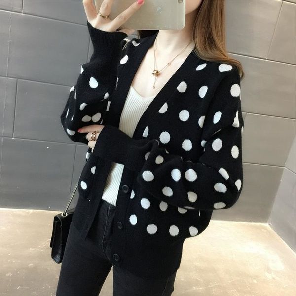 

spring autumn korean loose dot print sweater women short knitted cardigan red black v-neck long sleeve knit jacket coat female, White;black
