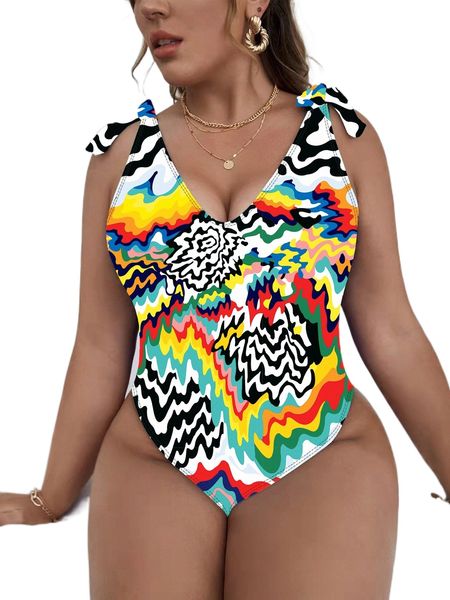 

plus allover print tie shoulder one piece swimsuit u5yj#, White;black