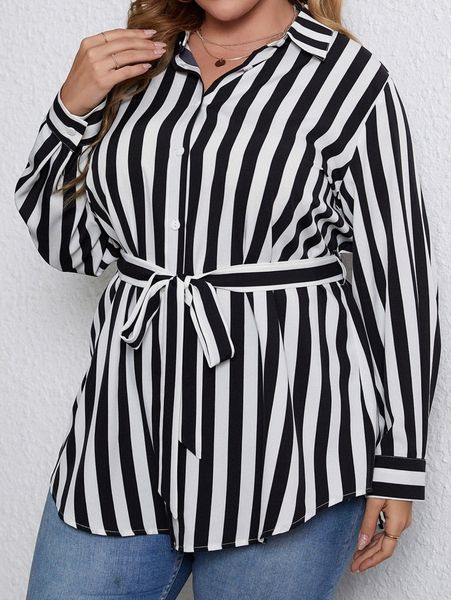 

plus striped button front belted blouse 75od#, Black