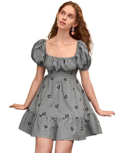

mod gingham print floral embroidered tie back puff sleeve ruffle hem dress h3lj#, Black;gray