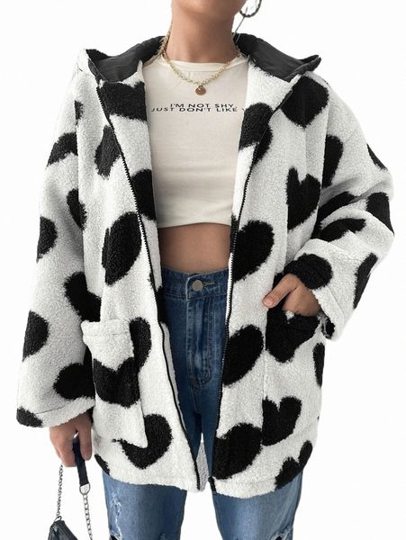 

plus heart pattern drop shoulder flannel coat 18tq#, Black