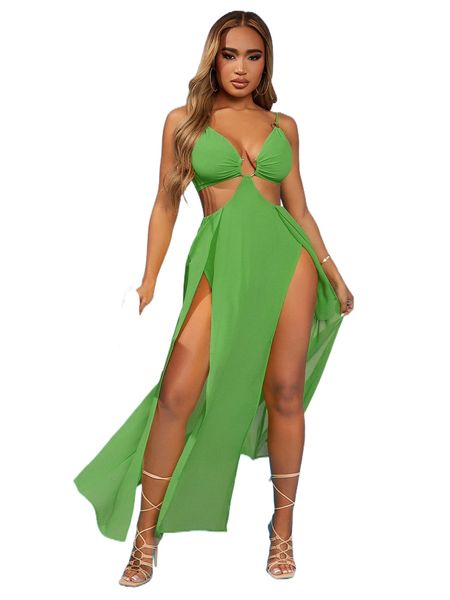

sxy ruched bust ring cut out split thigh cami dress a312#, Black;gray