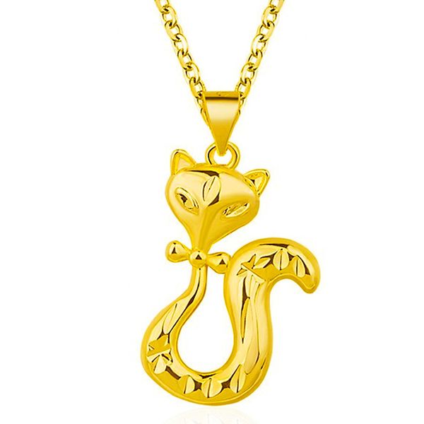 Vergoldete Fuchs-Anhänger mit Wasserwellen-Halsketten. Kupfer 24 Karat vergoldete Anhänger. Vergoldeter Schmuck. Charm-Halskette. Damen-Fuchs-Halsketten