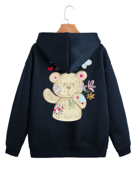 

cartoon graphic zipper up thermal hoodie 54hq#, Black