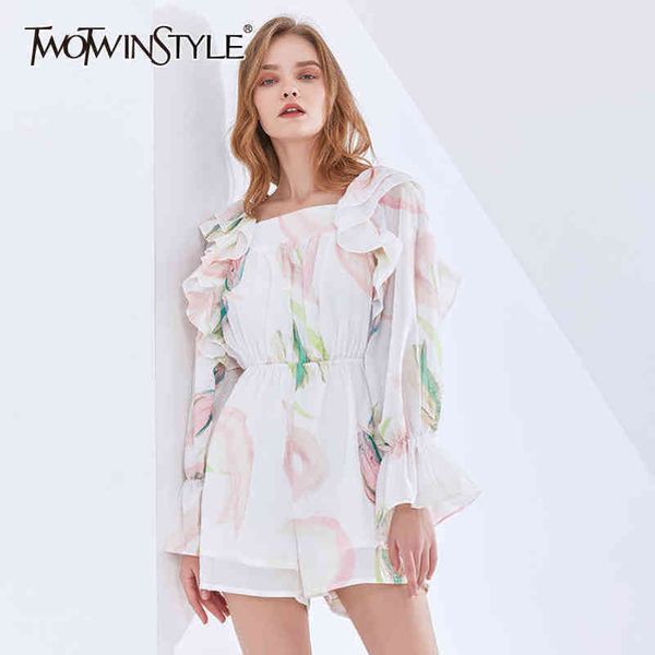 

print playsuits for women square collar ruffled long sleeve high waist lace up hit color pants female clothing 210423, Black;white