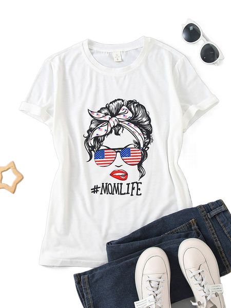 

1pc figure & letter print round neck tee v6xp#, White