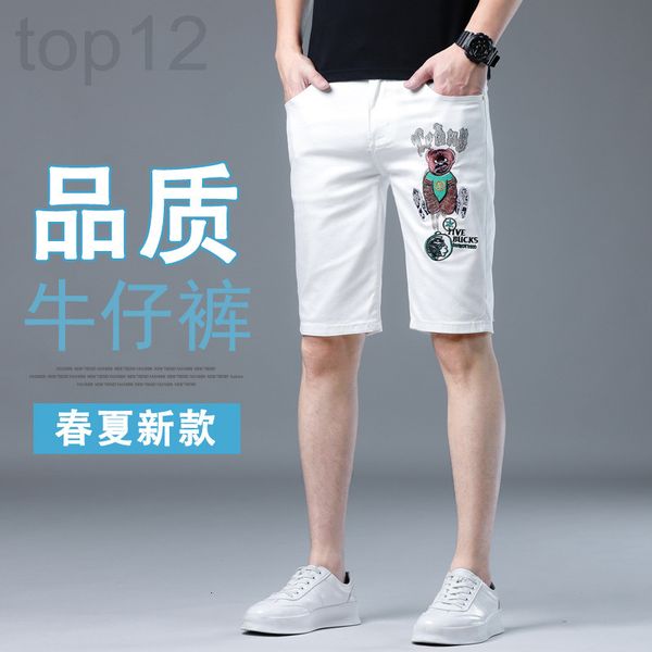 

men's jeans designer 2022 summer new elastic 5-point jeans men's fashion brand embroidered thin casual slim white shorts 41n2, Blue