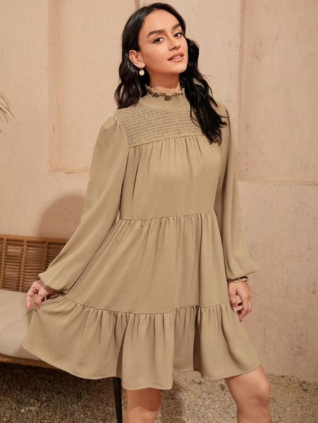 

shirred lantern sleeve ruffle hem dress w3tu#, Black;gray