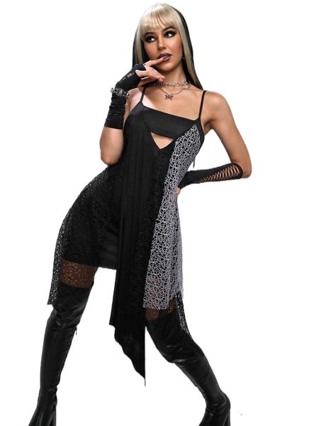 

contrast lace cut out asymmetrical hem cami dress w1js#, Black;gray