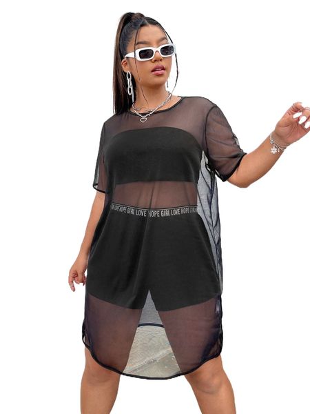 

plus sheer mesh dress without lingerie v02s#, Black