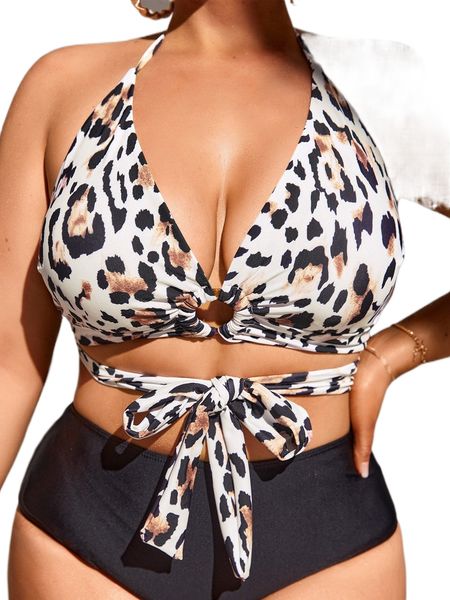 

plus leopard ring linked bikini 06w7#, Black