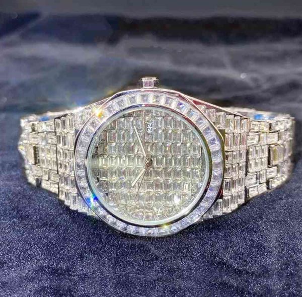 Ritzin baguette corte moissanite totalmente gelado relógio de pulso de diamante para homens presente de dia dos namorados preço de fábrica 925 prata