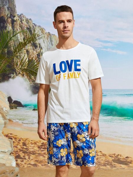 

men letter graphic tee & tropical print shorts q2ds#, Gray
