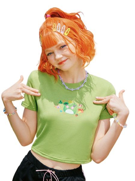 

romwe y2k revival cartoon frog graphic crop tee o9r3#, White