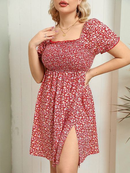 

plus ditsy floral print shirred puff sleeve square neck split hem dress z1sz#, Black