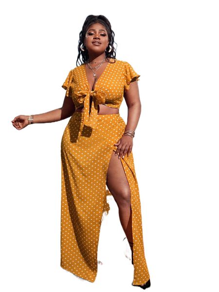 

plus polka dot butterfly sleeve crop & wrap hem skirt m2nx#, Black