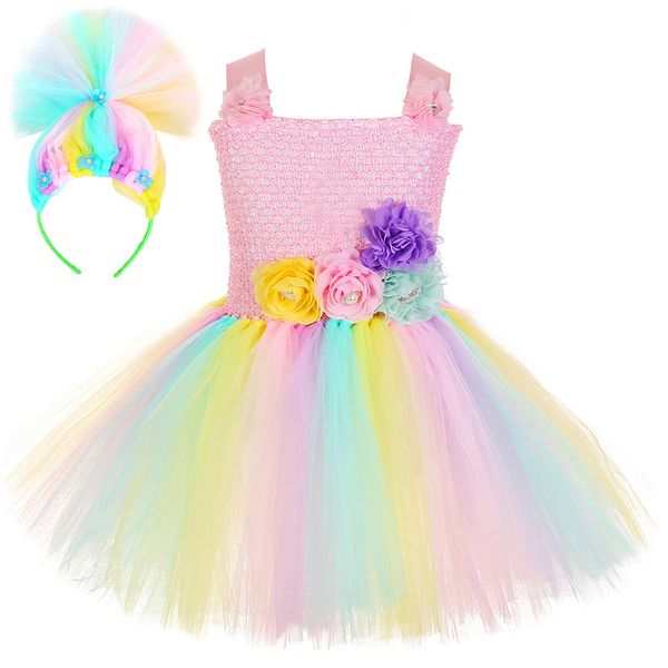 Abiti per ragazze Pastello Trolls Costumi Fata magica Tutu Dress con fiocco per capelli Bambini Halloween Abiti fantasia Bambini Cosplay Tulle Outfit 220423