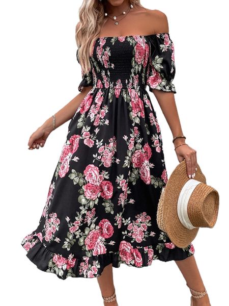 

floral print shirred off shoulder puff sleeve ruffle hem dress z02r#, Black;gray