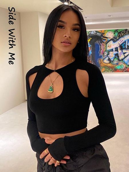

side with me women t-shirts long sleeve crop summer casual party club black asymmetrical cut out corset woman, White