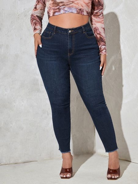 

plus raw hem high waist skinny jeans m5vy#, Blue