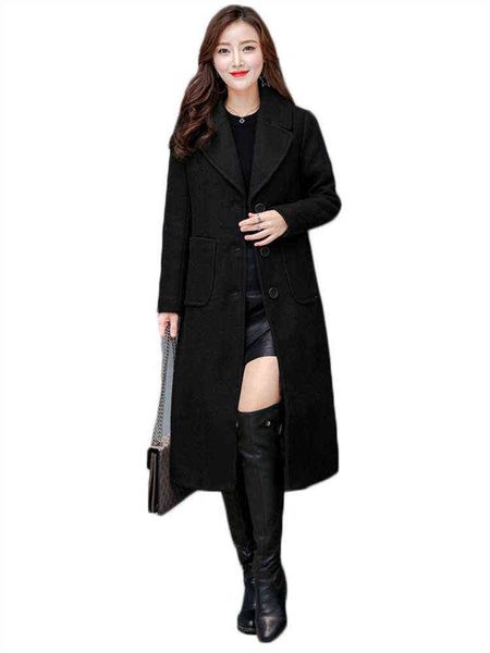 

woolen coat women black m-4xl knee length trench 2022 autumn winter new fashion temperament office lapel casual outwear clothing t220714