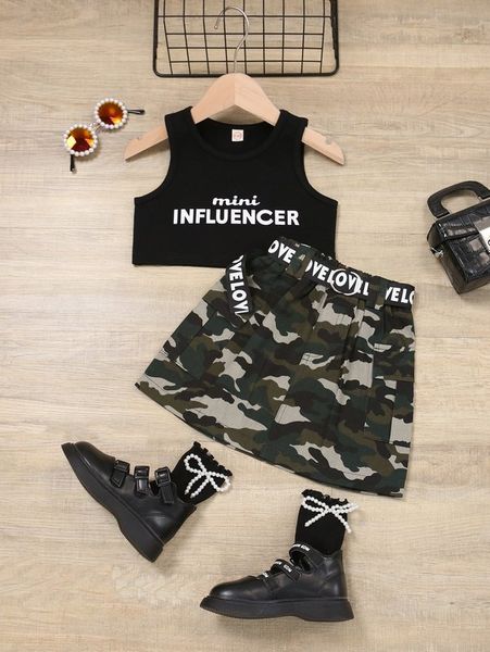 

toddler girls letter graphic tank & belted camo skirt she, White