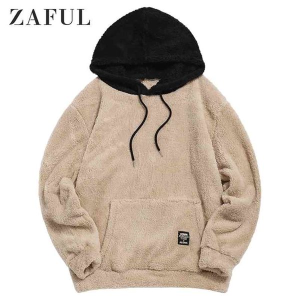 

winter colorblock splicing faux fur fluffy hoodies men long sleeve pullover women sweatshirt drawstring casual hoodie 210730, Black