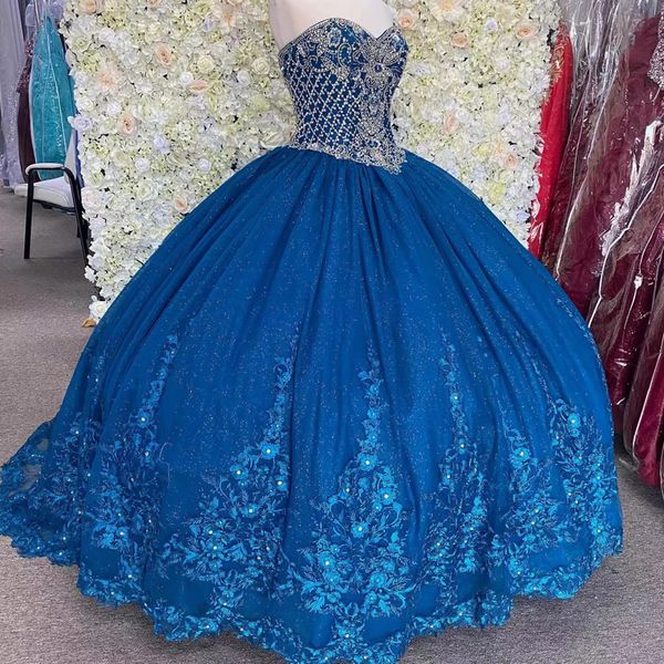 Glitter Royal Blue Quinceanera Kleider Kristall Sweet 16 Kleider Schatz Pageant Kleid Vestidos De 15 Años