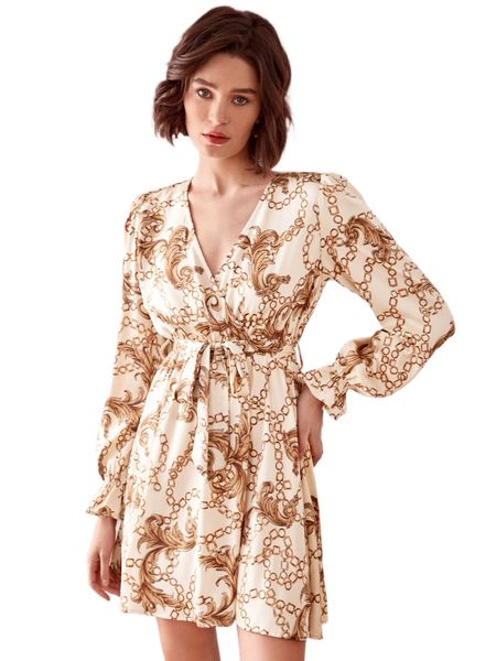 

chain & baroque print belted flounce sleeve a-line dress m6ez#, Black;gray