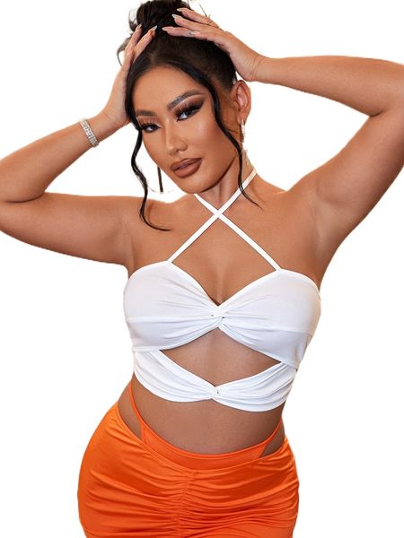 

sxy twist cut out criss cross backless crop halter m7uk#, White