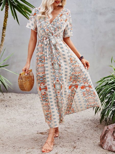 

allover print butterfly sleeve split side belted dress c05o#, Black;gray