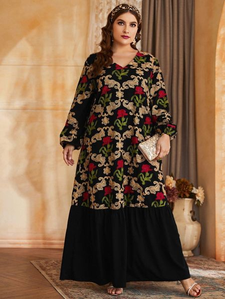 

plus floral appliques lantern sleeve ruffle hem dress h6sb#, Black