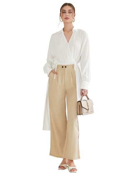 

drop shoulder drawstring waist high low hem blouse g4og#, White