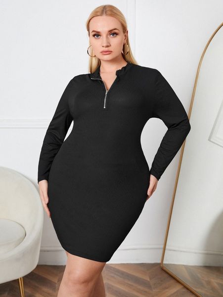 

plus zip front bodycon dress 77hf#, Black