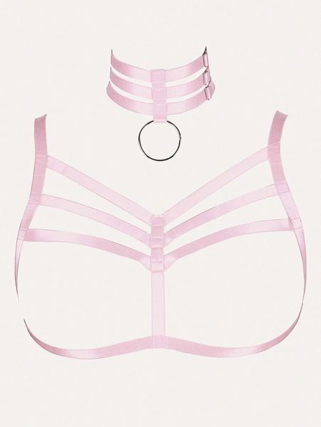 

plus cut-out ring linked harness bra with choker h1ll#, Black;white