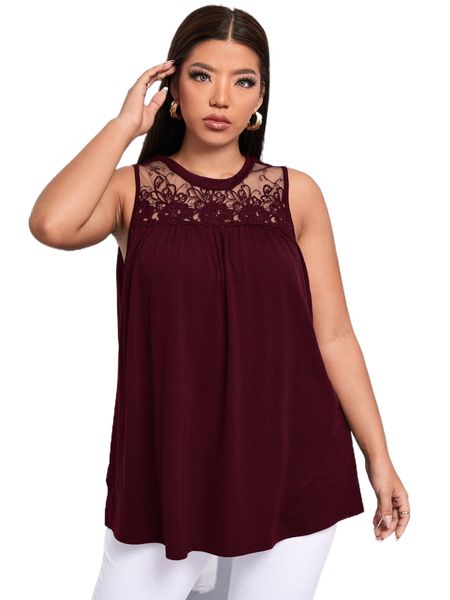 

plus embroidery mesh yoke tank g89i#, Black